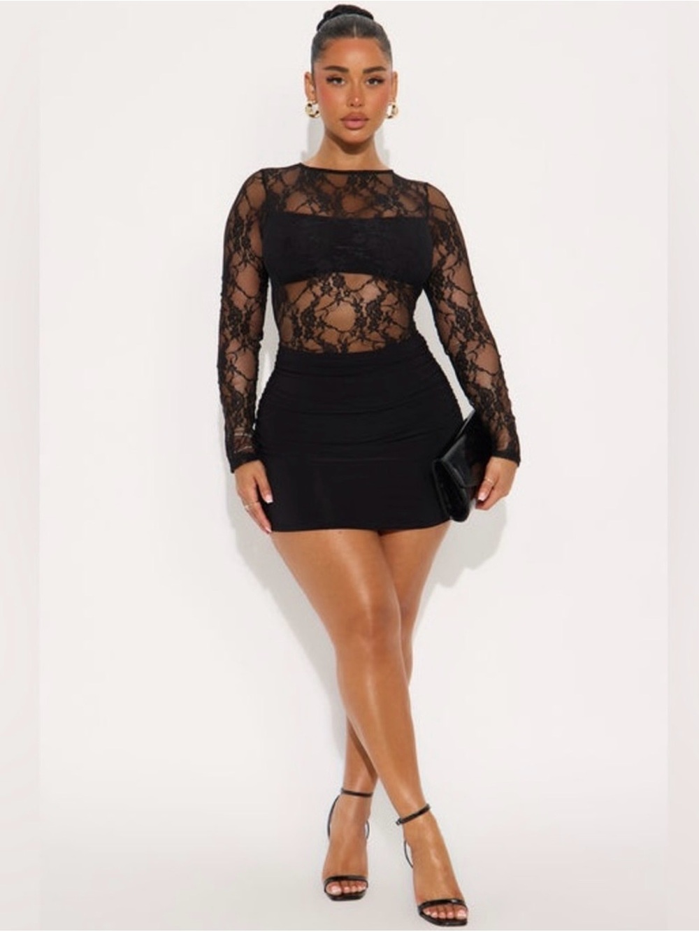 Fashion Nova NWT Size Large Sheer Lace Long-Sleeve Mini Dress - Black